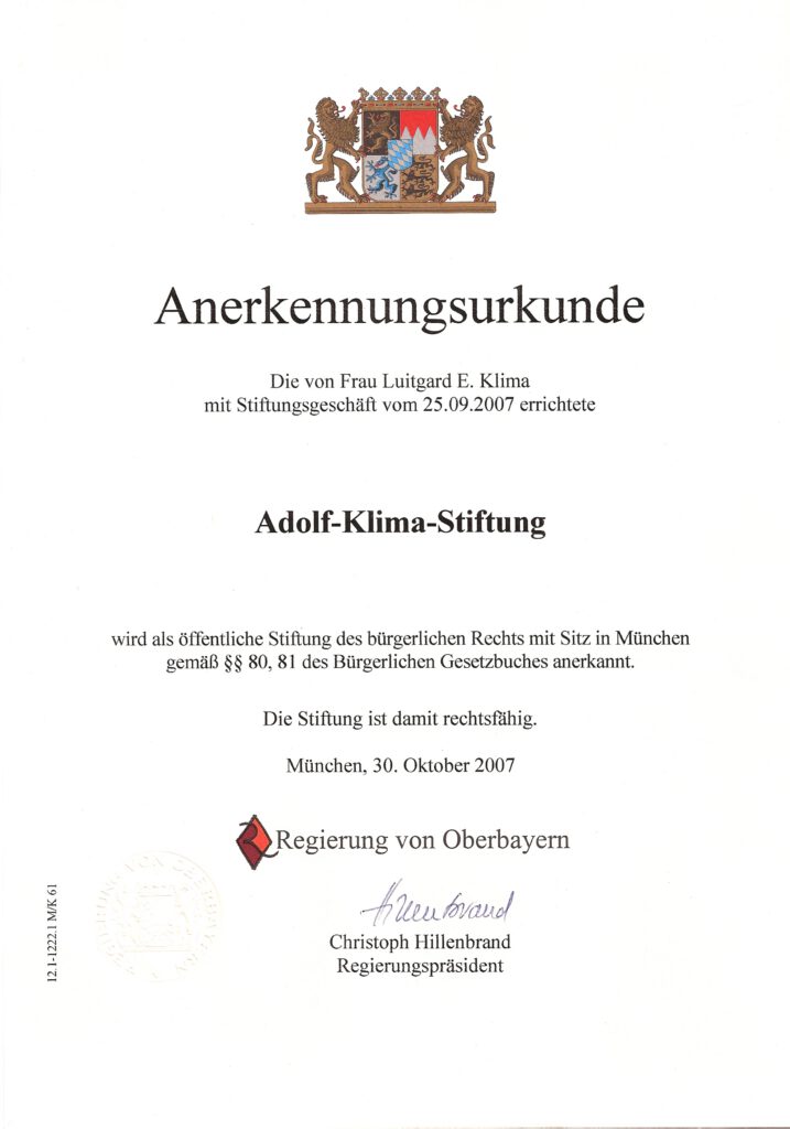 Anerkennungsurkunde Adolf-Klima-Stiftung